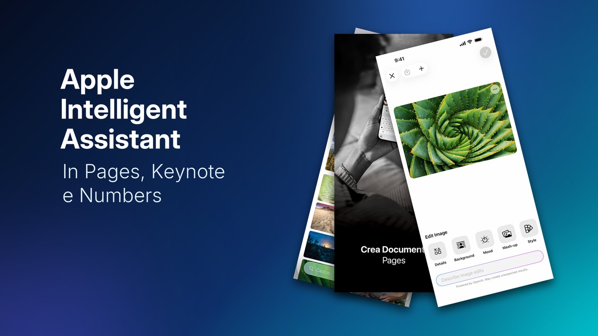 Schermate di Pages su iPhone con la generazione di immagini dell'Intelligent Assistant