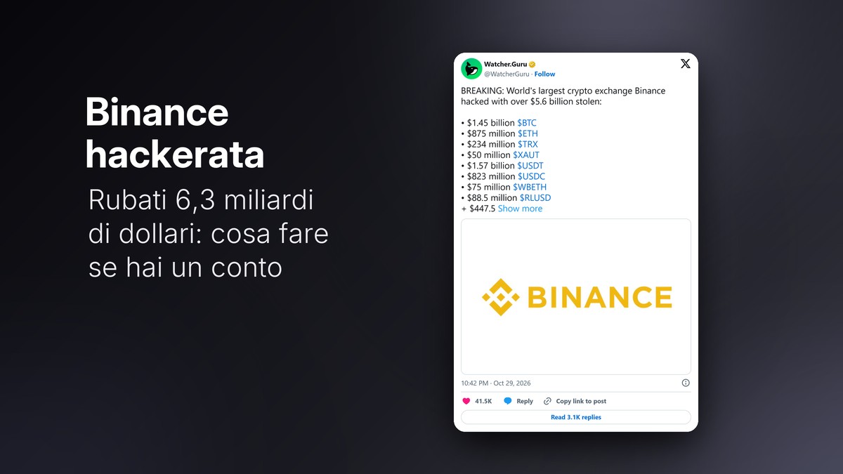 Il post virale di Watcher Guru sull'attacco hacker a Binance, con la lista delle crypto rubate