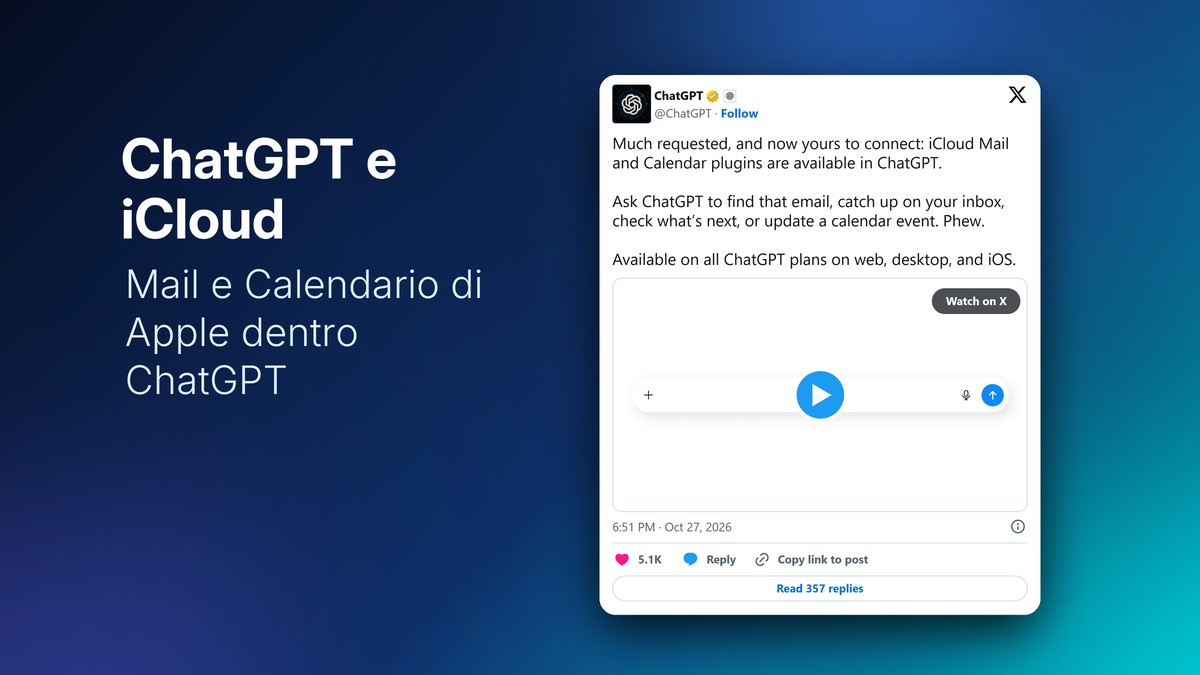Post ufficiale di ChatGPT su X sui plugin iCloud Mail e Calendario