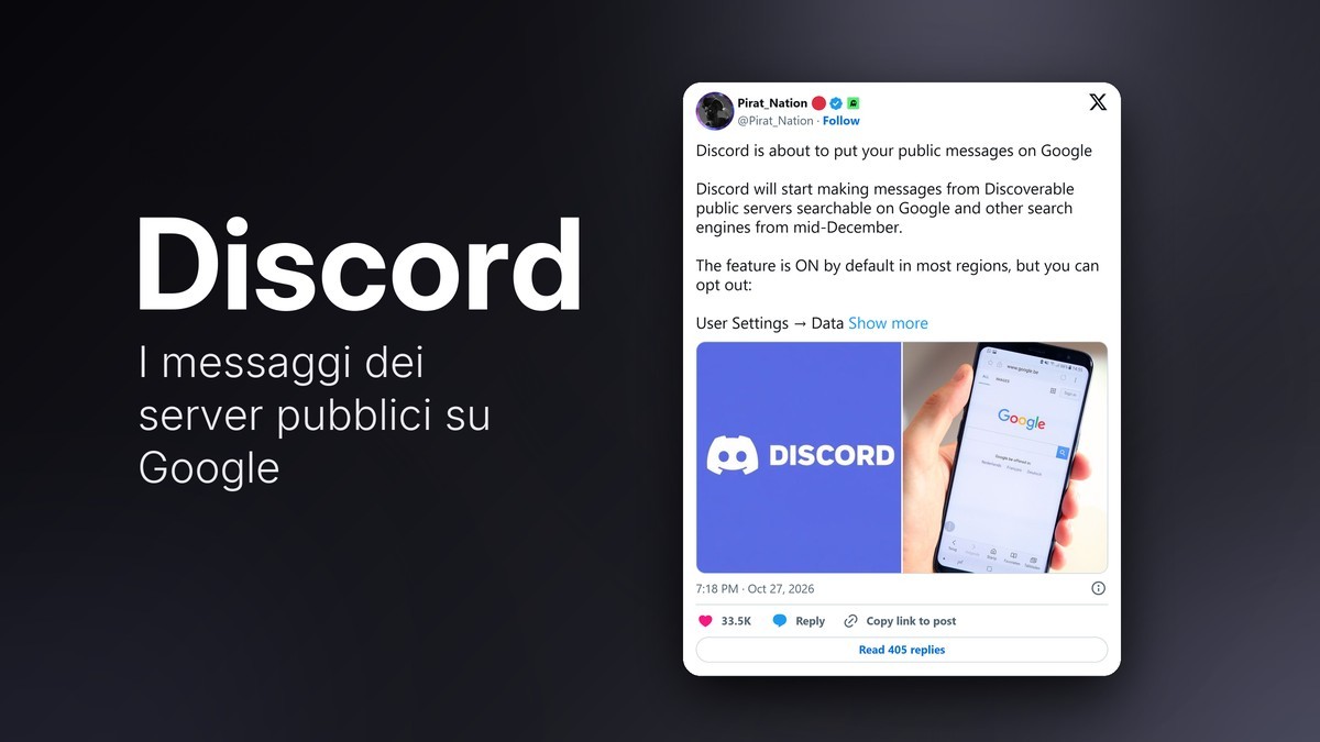 Post su X che annuncia i messaggi di Discord cercabili su Google