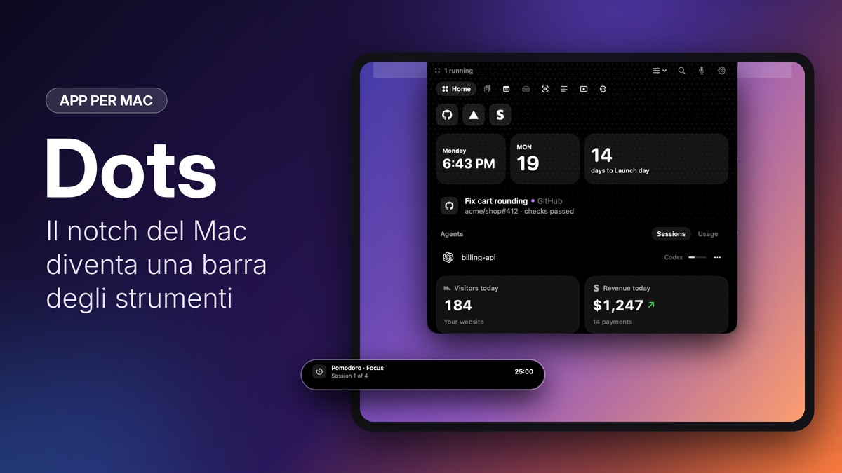 Dots: il pannello dell'app che si apre dal notch del Mac