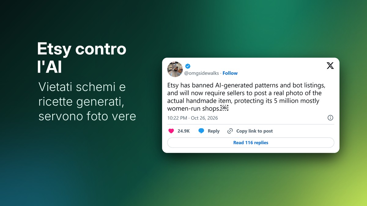 Post su X sul divieto di Etsy ai prodotti generati dall'AI