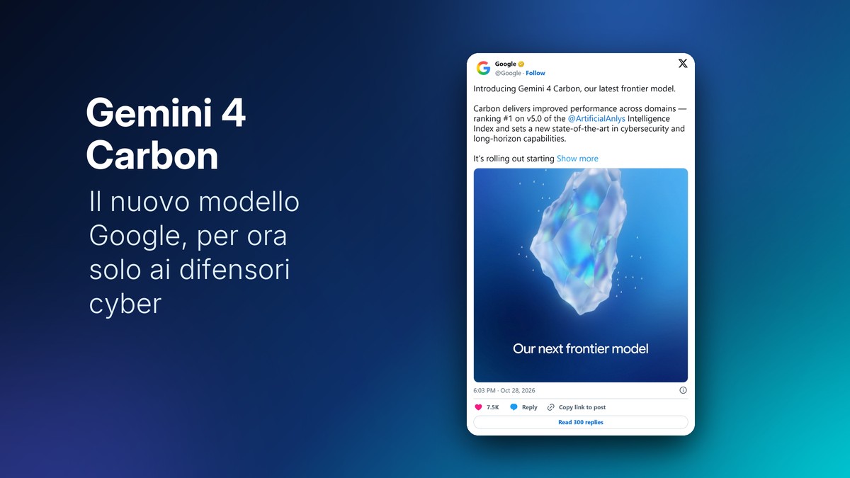 Post di Google su X che annuncia Gemini 4 Carbon