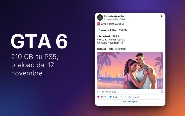 GTA 6 pesa 210 GB su PS5: il preload parte il 12 novembre