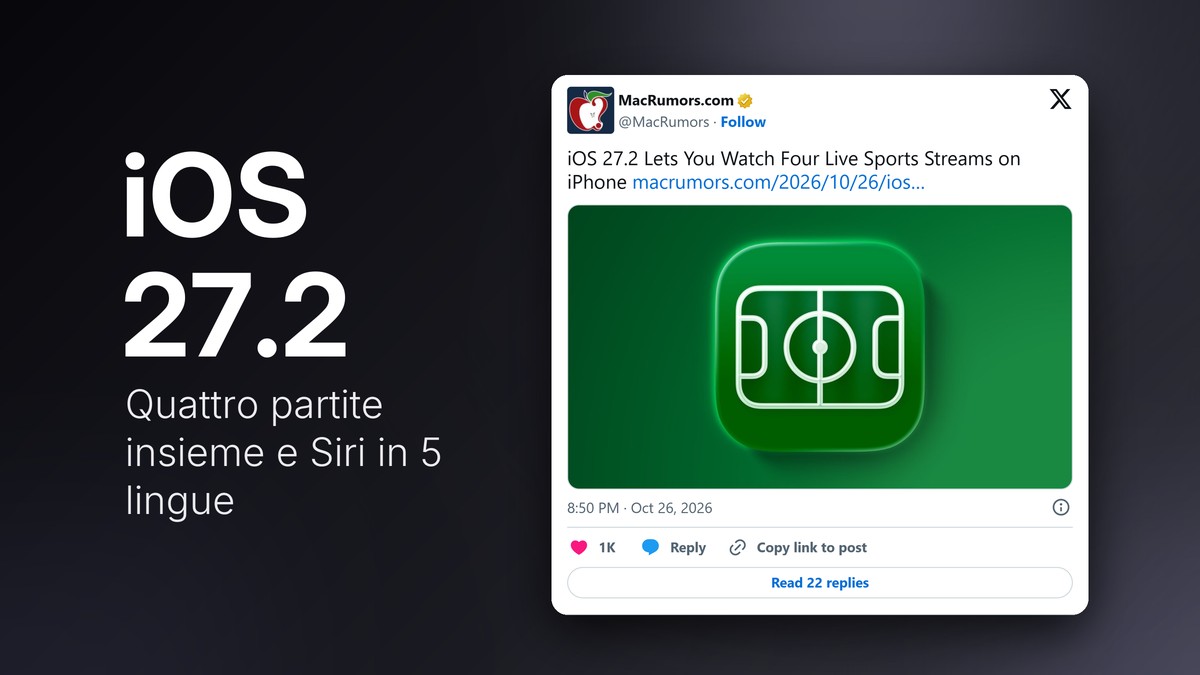 Post di MacRumors sul Multiview di iOS 27.2 con quattro dirette sportive su iPhone