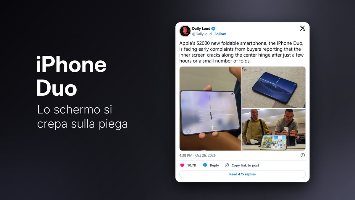 Post su X con le foto dello schermo crepato dell'iPhone Duo