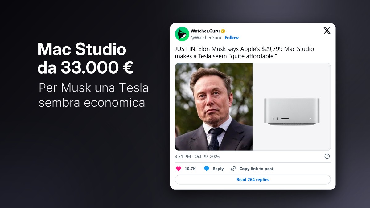 Post di WatcherGuru su X: Elon Musk dice che il Mac Studio da 29.799 dollari fa sembrare economica una Tesla