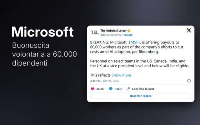 Microsoft offre la buonuscita a 60.000 dipendenti per pagare l’AI
