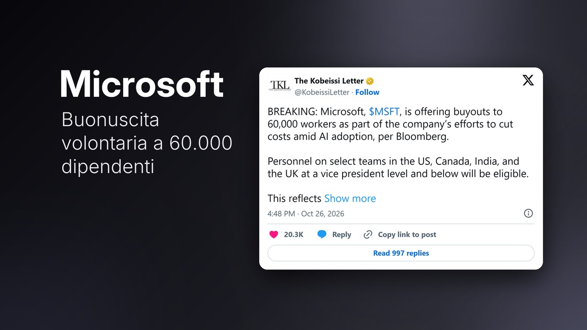 Post su X sulla buonuscita offerta da Microsoft a 60.000 dipendenti