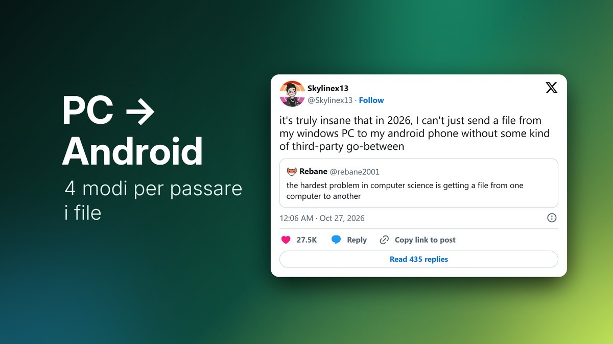 Post virale su X sul passaggio di file da PC Windows ad Android