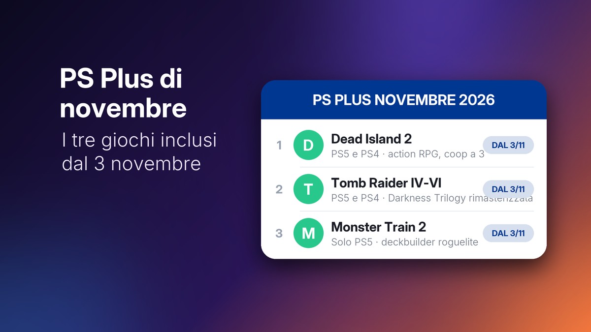 I tre giochi PlayStation Plus di novembre 2026 in una lista