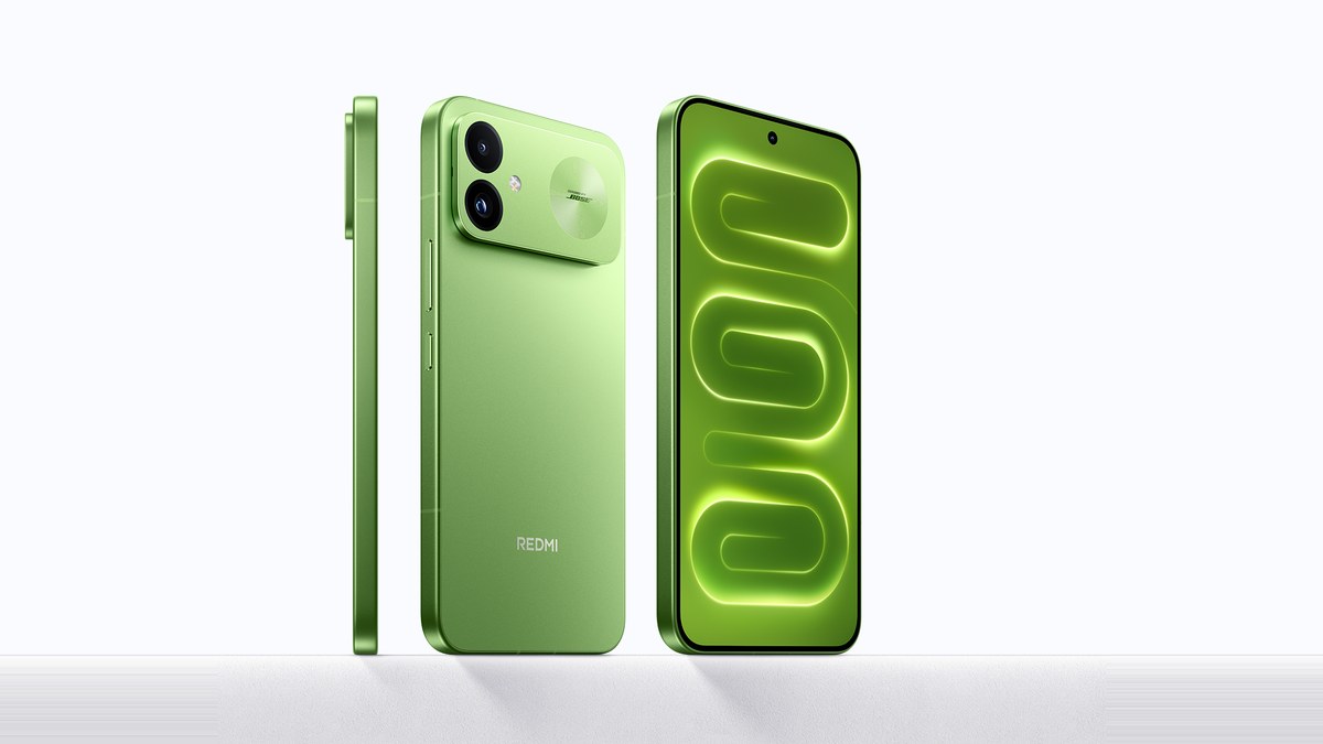 Redmi K100 verde Firefly visto di lato, da dietro e di fronte, foto ufficiale Xiaomi
