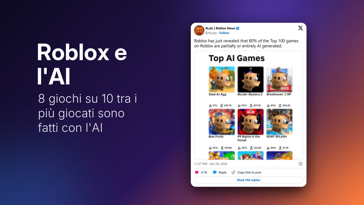Post su X con i dati di Roblox sui giochi creati con l'intelligenza artificiale