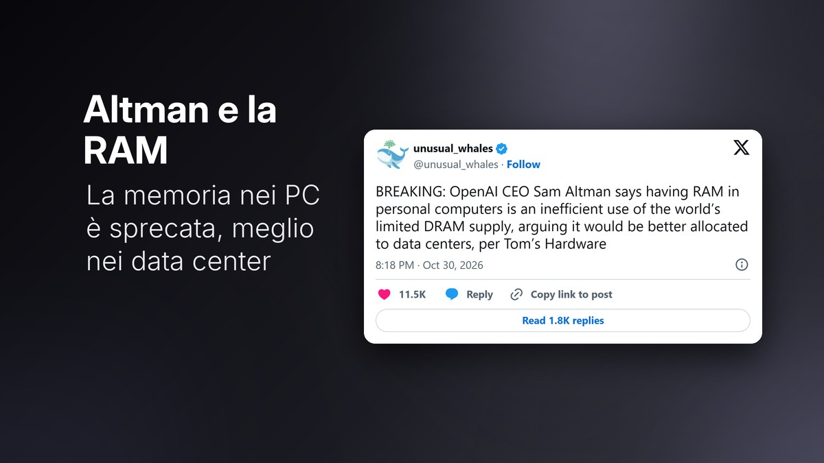 Post di unusual_whales su X con la frase di Sam Altman sulla RAM dei PC