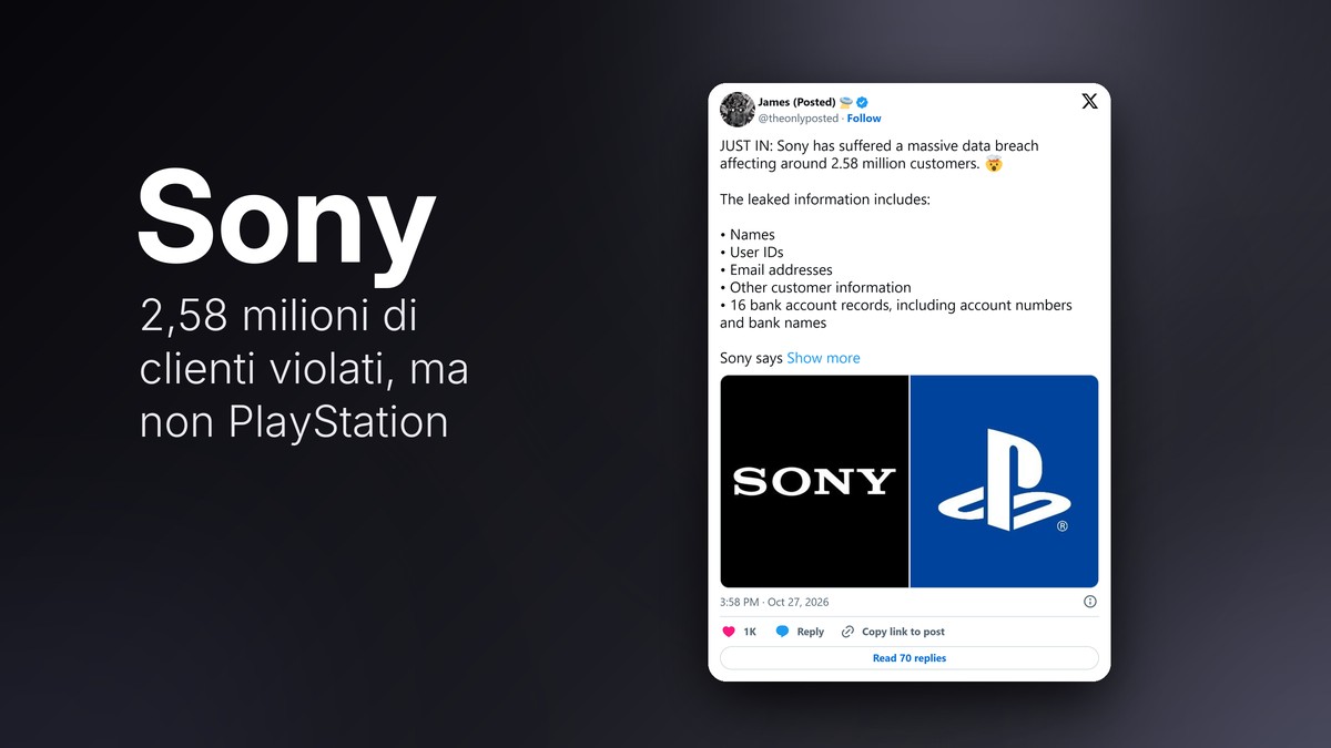 Post su X sulla violazione dei dati di 2,58 milioni di clienti Sony